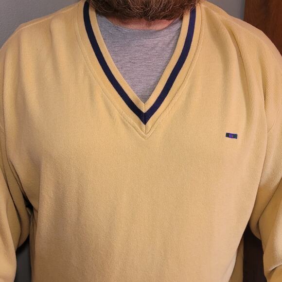 Vintage 90s Alexander Julian Colours Men’s Cotton V Neck Sweater L Yellow Navy - Picture 2 of 8
